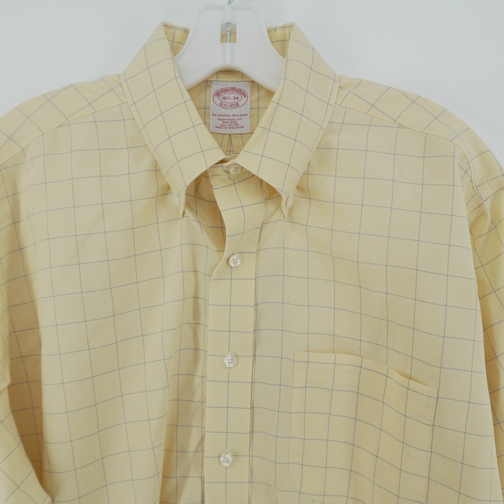 Brooks Brothers Shirt Mens 16.5-34 Yellow Grid Traditional Fit Non-Iron Cotton